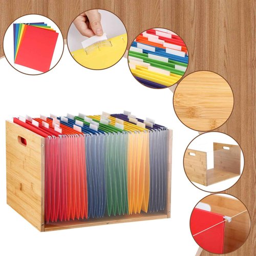 Chiisong Clear Acrylic File Box Hanging File Organizer with 30 Pcs Hanging File Folders Bamboo Hanging Folder Storage Filing Crate Bin Holder with Handle for Home Office Desk Letter Size