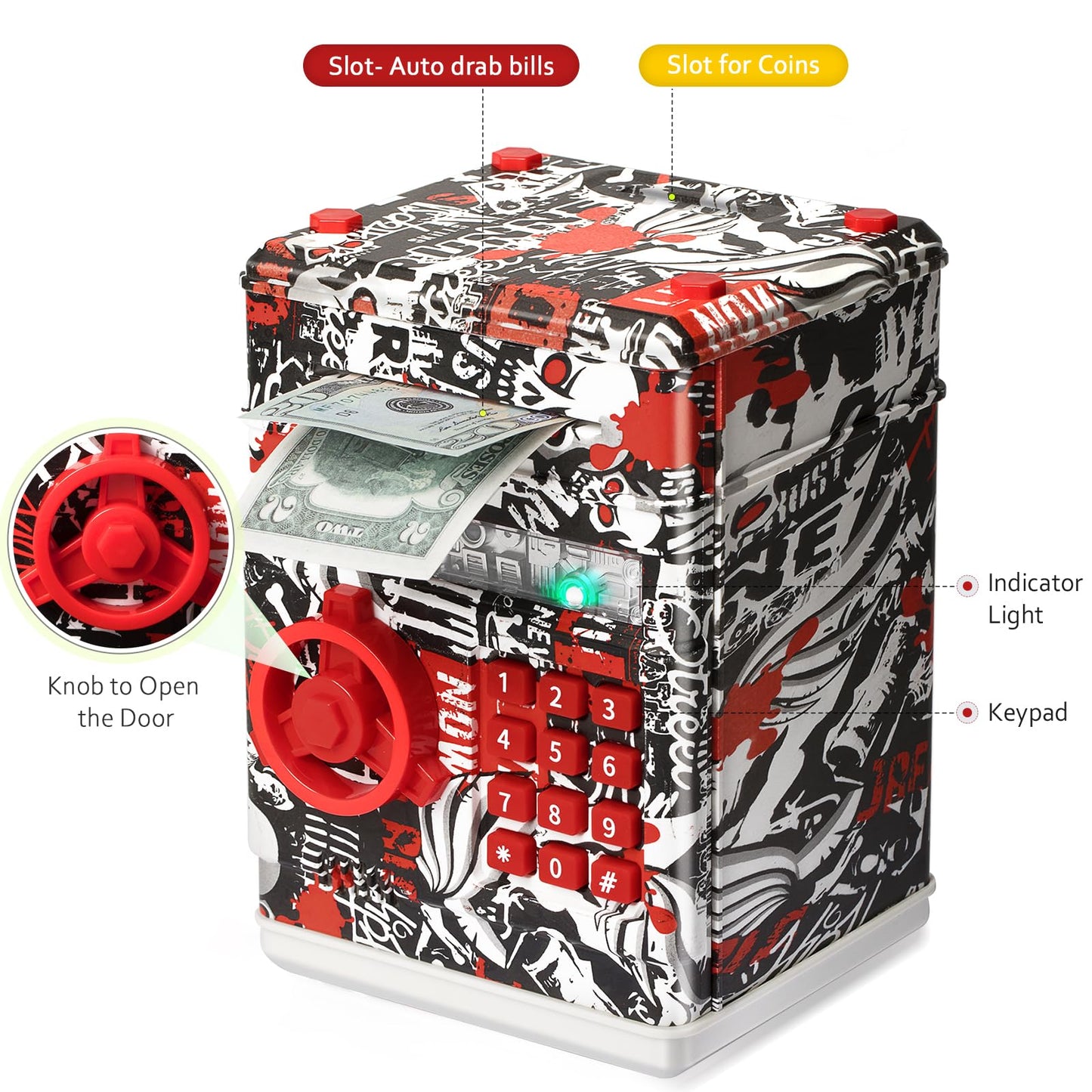 ATM Piggy Bank for Boys Girls, Vcertcpl Mini ATM Coin Bank Money Saving Box with Password, Kids Safe Money Jar for Adults with Auto Grab Bill Slot, Great Gift Toy Bank for Kids
