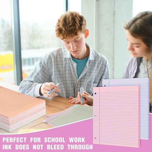 PerKoop 12 Pack 600 Sheets Colored Lined Paper Bulk College Ruled 8 x 10.5 Inches, Loose Leaf Notebook Paper 3 Hole Ring Punched Filler Back School Supplies, Line Spacing 0.7cm (Cute Color)