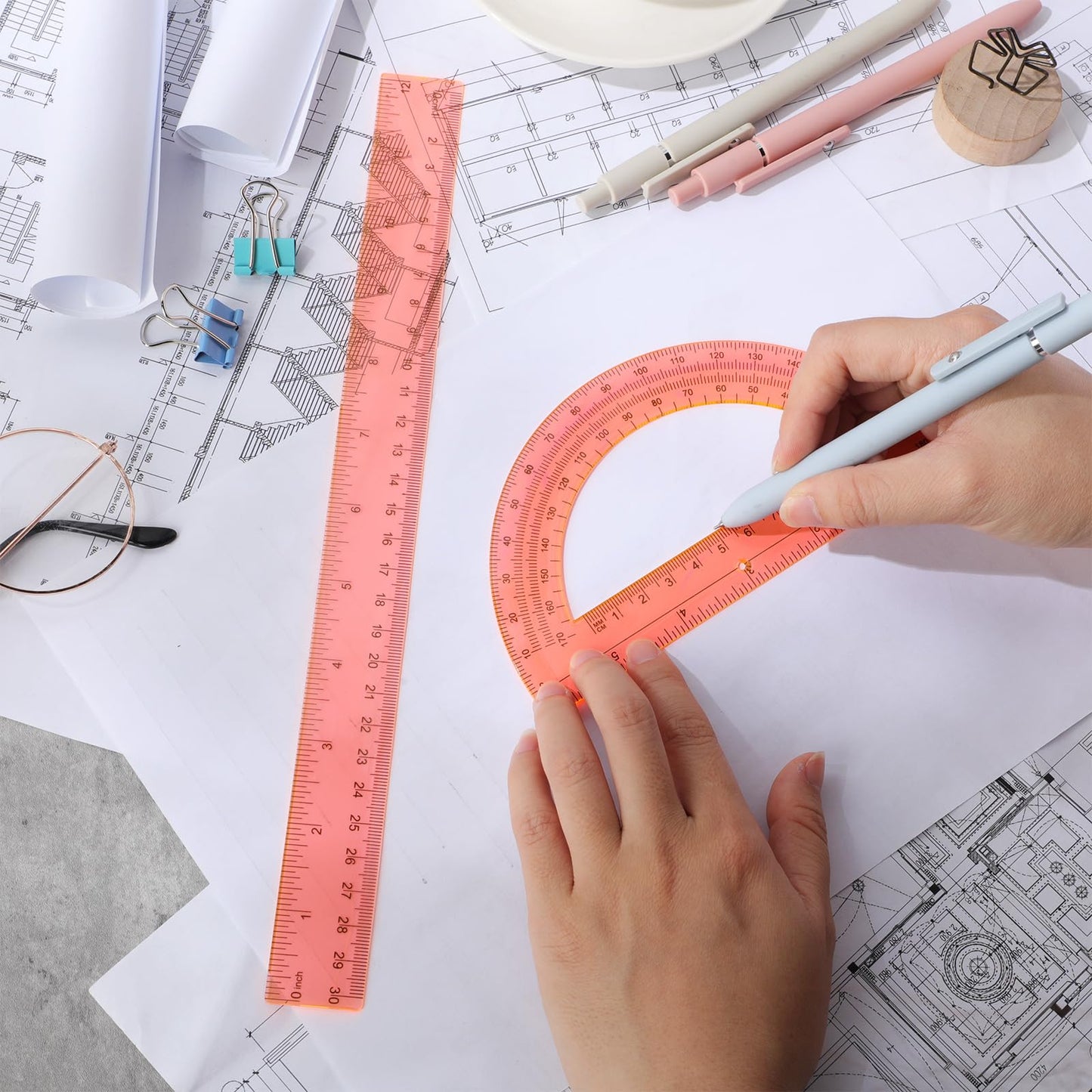 Zonon 2 Pcs 12 Inch Clear Ruler and 6 Inch Plastic Protractor Set, Dual Scale Inch/Cm Math Geometry Measuring Tools for Back to School Students Teachers Classroom Office Drafting Use(Orange)