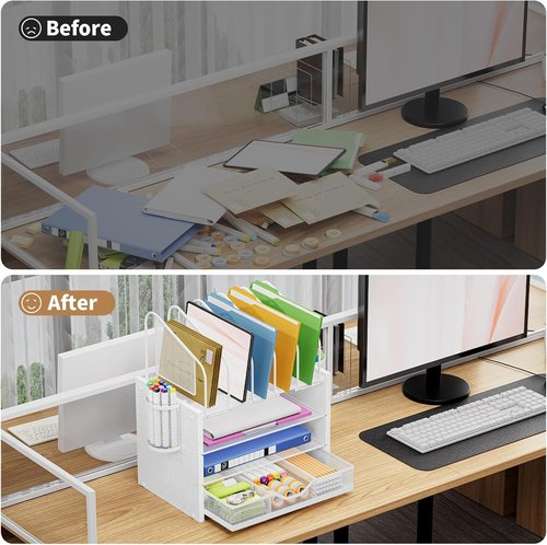 Marbrasse Desk Organizer - 4-Tier Wooden File Holder with Drawer & 5 Vertical Slots | White Home Office Accessory