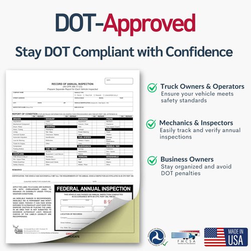 50 Pack 2-Ply Carbonless Record of Annual Inspection Forms with Inspection Decal, DOT Inspection Forms and Stickers, Shrink-Wrapped, 9.5" x 11", Meets 49 CFR 396.21 & 396.17(c)(2) - Made in The USA