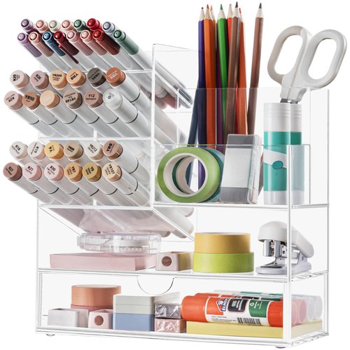 HBlife Acrylic Multi-Functional Pencil Organizer with Drawer, Large Clear Pen Holder for Desk, Desk Organizers and Accessories for Office Art Supplies, School and Home