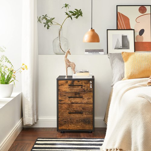 SONGMICS File Cabinet, Pre-Assembled Except Wheels and Handles, Office Filing Cabinet with Lock, for A4, Legal, Letter Sized Documents, 17.7 x 14.4 x 23.6 Inches, Rustic Brown and Black UOFC110B01V1