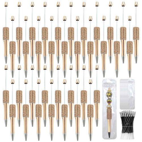 DASTTUIS 150 Pcs DIY Diamond Beadable Pen Kit - 50 Plastic Rhinestone Beaded Pens Bulk with Refills & Bags - Fancy Cute Glitter Pens for Crafting, Students & Teachers – School Supplies (Gold)