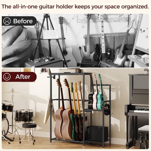 MAHANCRIS Guitar Stand, Multi-Guitar Rack, for Acoustic, Electric Guitar, Bass, Ukulele, Banjo, for 7 Guitars, Guitar AMP Stand, Record Rack, with Guitar Accessory Holder, EVA Cover, for Home Studio, Black GSHB8701