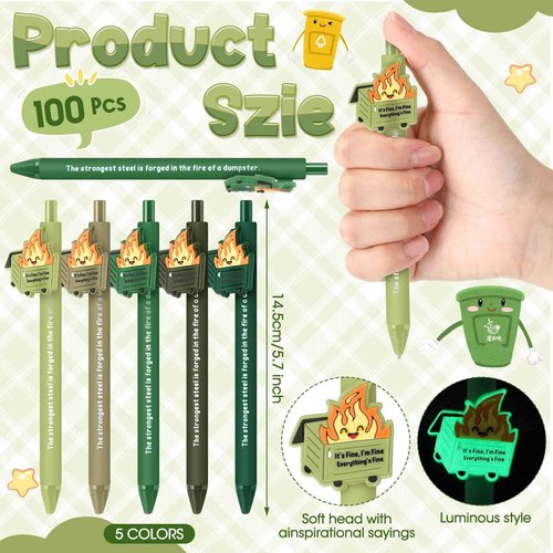 Sayglossy 100 Pcs Dumpster Fire Pen Gifts Funny Luminous Dumpster Fire Ballpoint Pen with Saying Emotional Staff Appreciation Support Gift for Employee Coworkers Boss Student Teacher
