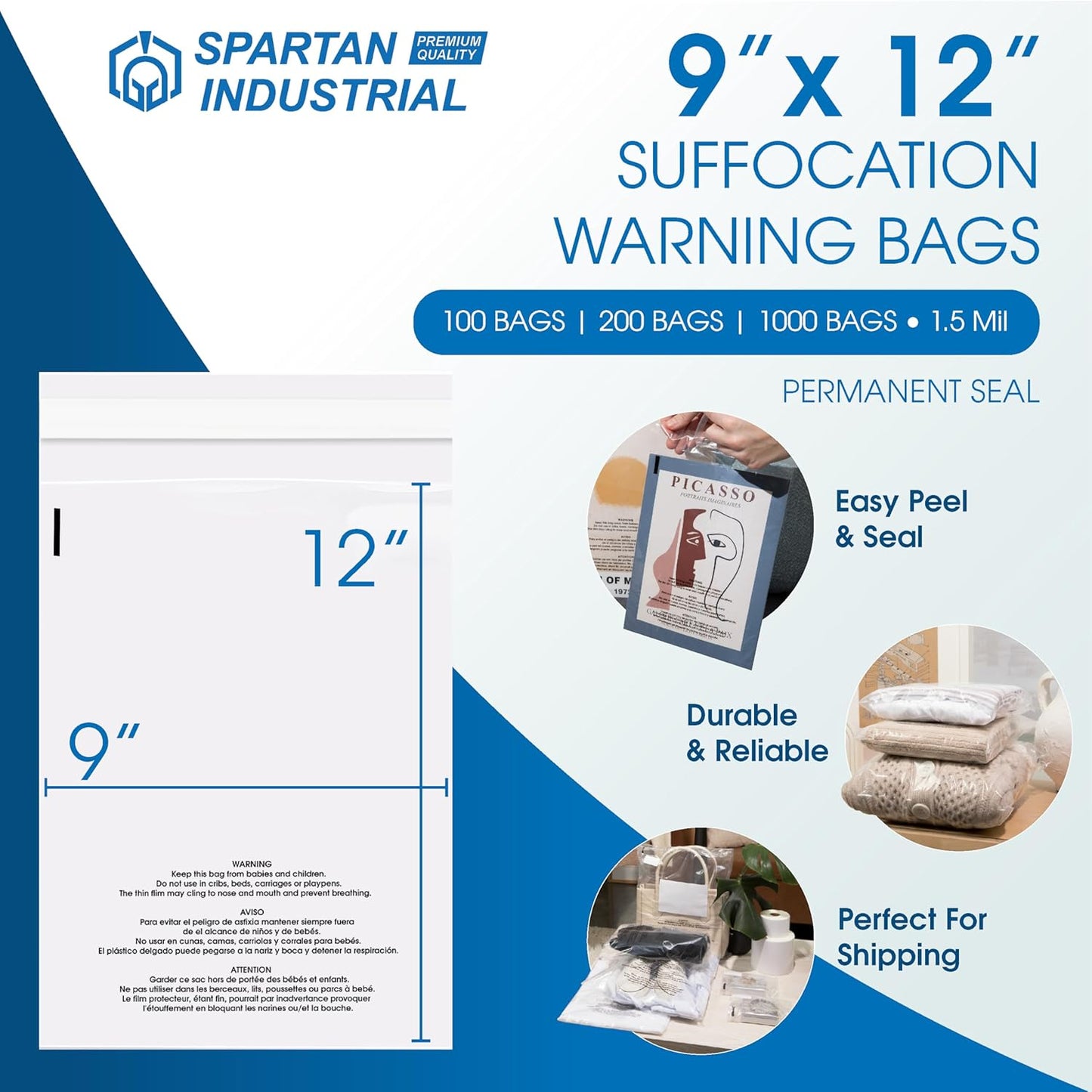 Spartan Industrial - Self-Seal Clear Poly Bags (9” X 12”, 200 Count) with Suffocation Warning - Permanent Adhesive