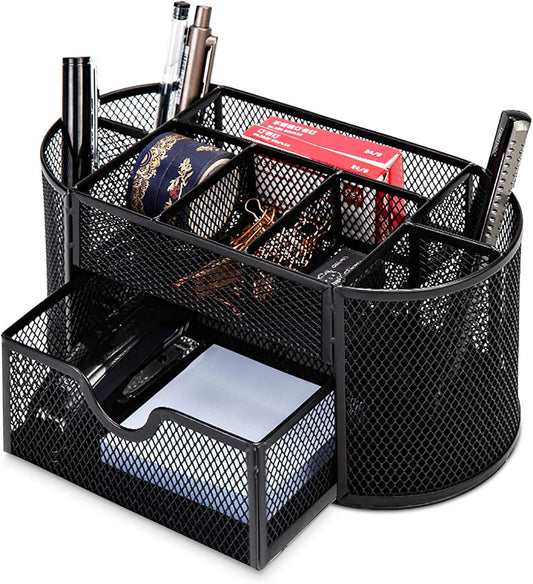 Skiennix Desk Organizer - 9-Compartment Mesh Pen Holder for Office & Home | Space-Saving Black Design