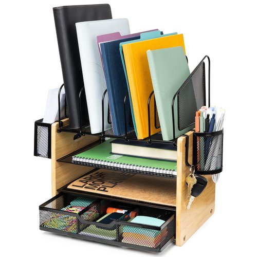 DeskEaze Heavy Duty Wooden Desk Organizer with Drawer - Wooden Desk Shelf for Storage & Organization - Office Tray for Files, Mail, and Supplies - Small Countertop Bookshelf with Letter Holder & Hooks
