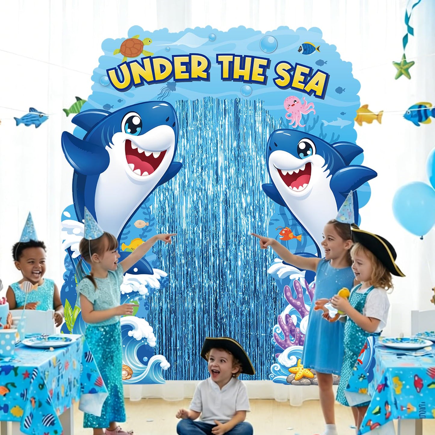 Ocean Theme Door Banner Decoration with Blue Foil Fringe Curtains Under the Sea Porch Signs Summer Birthday Party Decorations Ocean Photo Booth Backdrop Hanging Decor 94.5 x 91 Inch