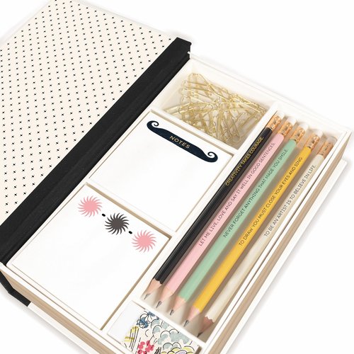 AMÉLIN ARCHIVE Tackle Box with Desk Supplies, Stationery Set with 5 Pencils, Eraser, 2 Sticky Note Pads, & Paper Clips, Moderne