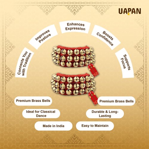 UAPAN Brass Ghungroo Anklets Bells (3 Line Pad, Red, Pair) For Women