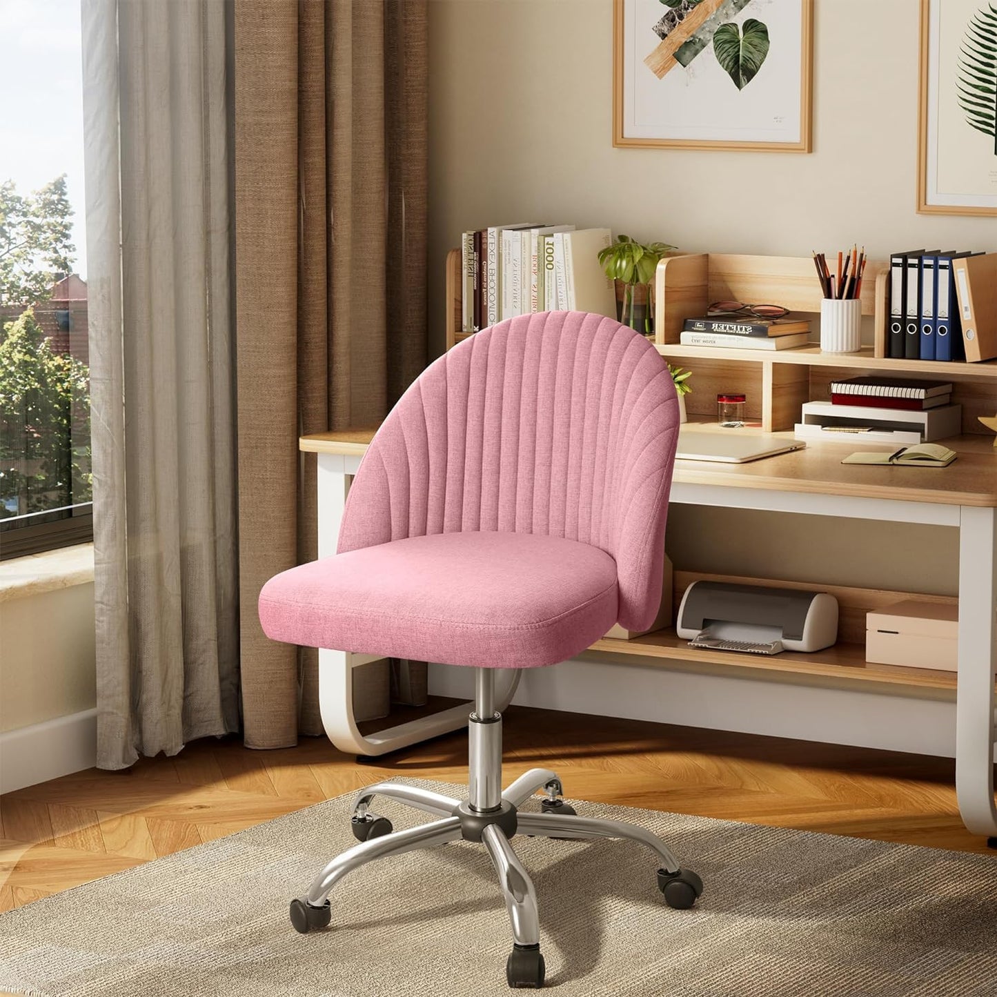 Furniwell Office Chair Armless Cute Desk Chair Modern Adjustable Swivel Vanity Task Computer Chair Home Office Desk Chairs with Wheels (Fabric, Pink)