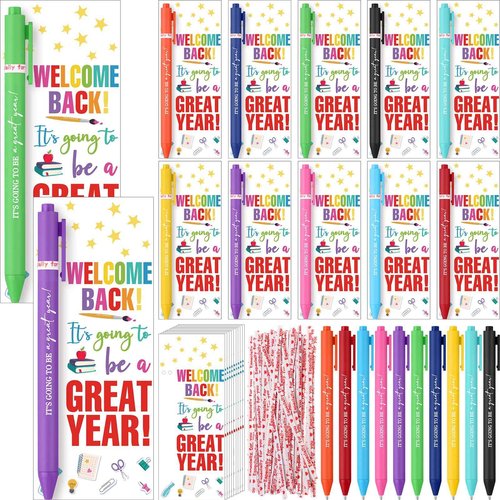 MotiMind 100 Set Welcome Back To School Supplies Gift Bulk Include Greeting Card with Tie and Inspirational Ballpoint Pen First Day of School Gift for Student Classmate Teacher Classroom (Vivid Color)