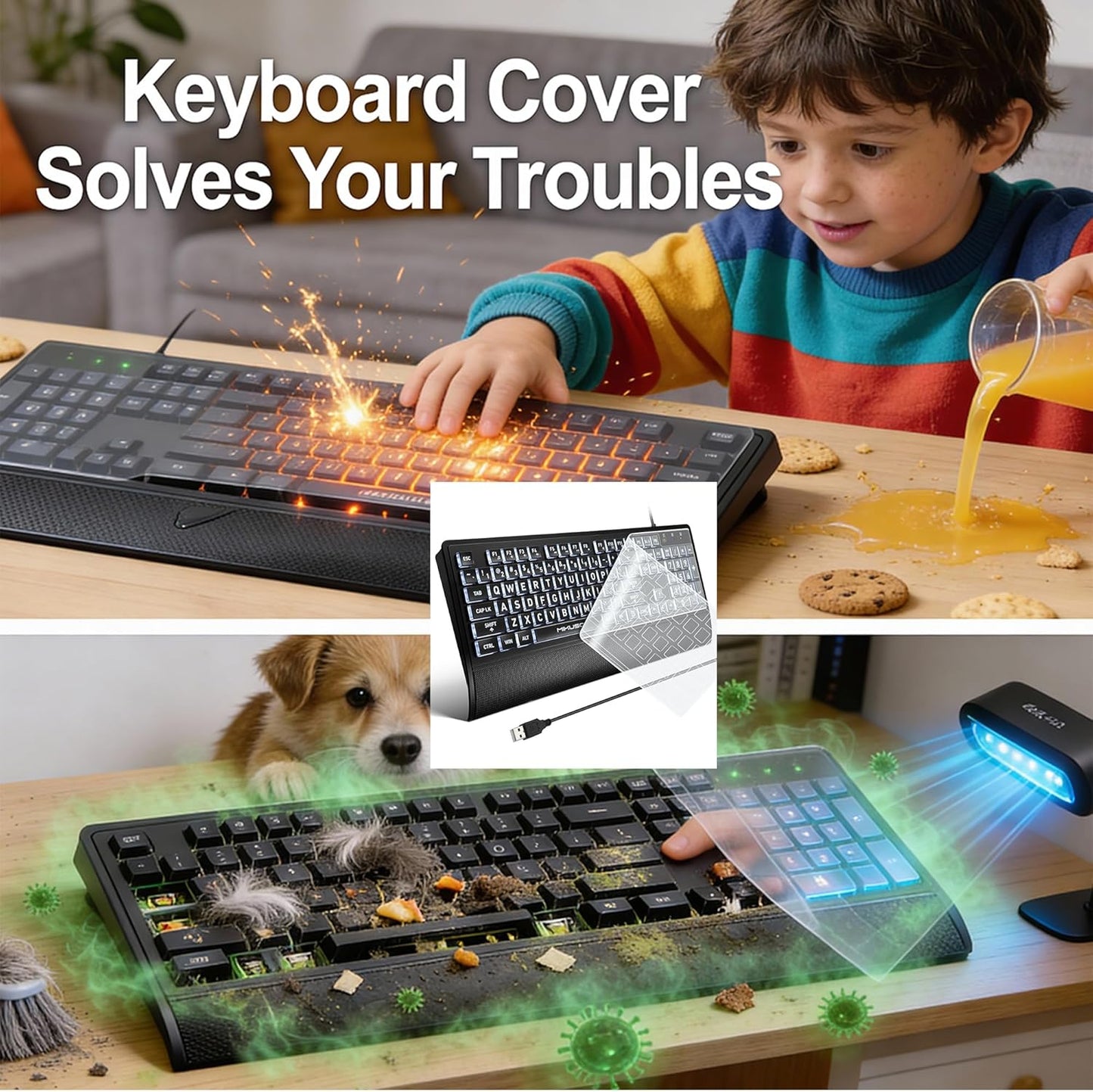 Skiennix Large Print Keyboard - High Contrast Black Keys with White Backlight | 104 Full Size for Low Vision