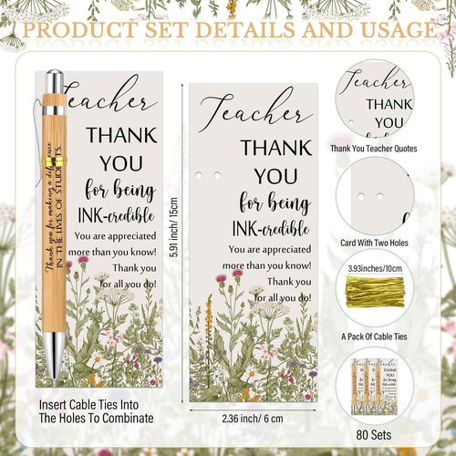Spakon 80 Set Teacher Appreciation Gifts Include 80 Bamboo Pens and 80 Cards with Gold Cable Tie for Teachers' Day Teacher Appreciation Week Gift Staff Team Office School Supplies