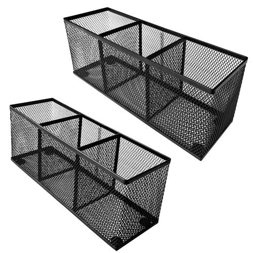 WenkeDigi New Pen Pencil Holder Metal Mesh Desk Organizer,3 Compartments Office Caddy Storage, Black Mesh Pencil Holder for School,Kitchen Utensil Storage, L10.43 x W3.35 x H4.04 inch (2 Pack)