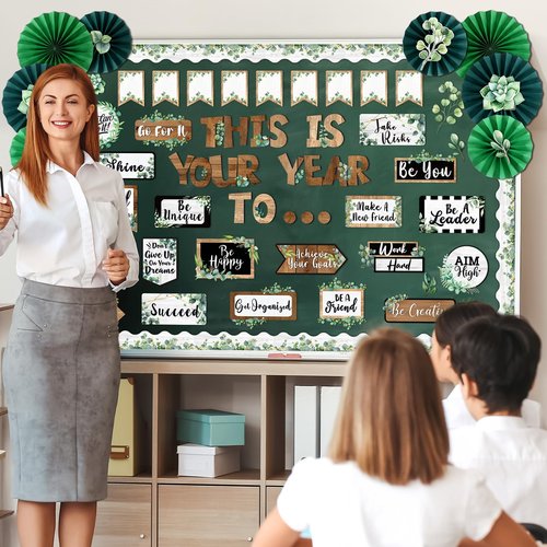 Pasimy This is Your Year Bulletin Board Borders Eucalyptus Plant Inspirational Classroom Decoration Welcome Back to School Bulletin Board 3D Paper Fans for School Office Home Chalkboard Wall Decor
