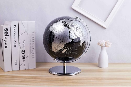 ANNOVA Metallic World Globe Black – Educational/Geographic/Modern Desktop Decoration - Stainless Steel Arc and Base/Earth World - Metallic Black - for School, Home, and Office (10-Inch)
