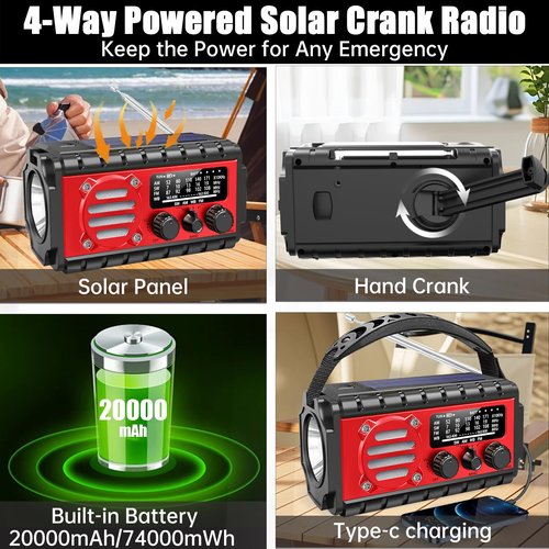20000mah Emergency Radio, SW/NOAA/AM/FM Weather Radio, Solar Powered Hand Crank Charger with Big Battery Powered, Portable, Cellphone Charge, SOS, Flashlight for Emergency/Home