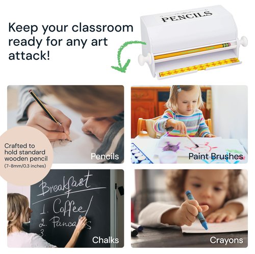 SimplyImagine Pencil Dispenser for Classroom & Office - 10.5 in W x 5.5 in D x 4 in H White Acrylic - Holds 50 No. 2 Pencils with Smooth Rolling Knob - Classroom Must Haves & Teacher Gadgets