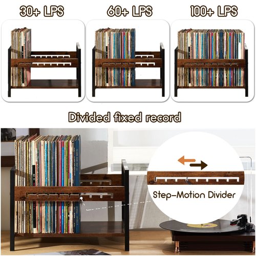 Edergoo Retro Vinyl Record Storage Rack, Metal & Wood Record Holder with Adjustable Dividers, Holds 80–100 Albums, Desktop Organizer for Records, Books & Files