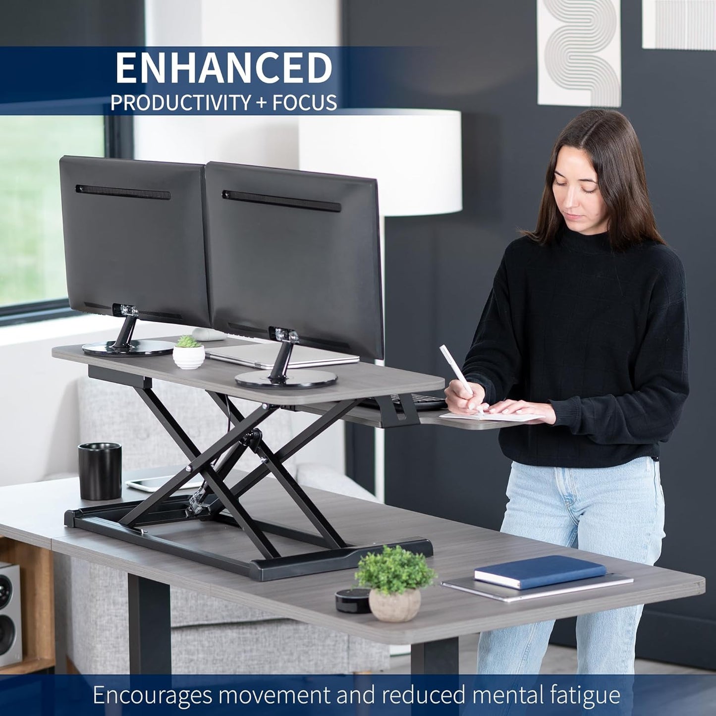 VIVO 36-Inch Height Adjustable Desk Converter - Sit to Stand Dual Monitor Workstation | Gray Top, Black Frame