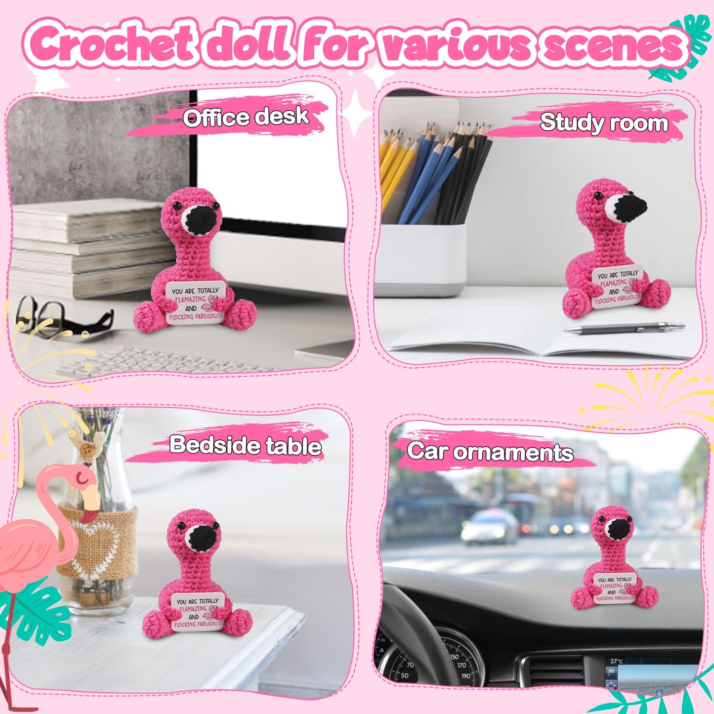 WenmthG Positive Flamingo Crochet Doll - Mini Funny Gifts for Women Girlfriend Wife Couple Positive Crochet Animals Emotional Cheer Up Support Handmade Flamingo Birthday Graduation Decoration Gift