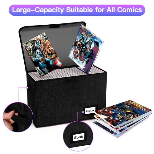 YNSZAS 2 Pack Comic Book Storage Box, Comic Protector Organizer, 15.8" X 7.8" X 11.8", Collapsible Comic Short Box, Holds 160-180 Comic Book Heavy Duty Container Holder Shelf Bin (Black)
