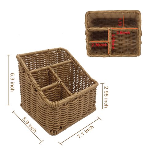 WuJiLiving Rattan Remote Control Holder, Wicker Desk Organizer Basket for TV Remotes, Office Supplies, Makeup Brushes, Handwoven Storage Caddy for Tabletop, Shelf, or Kitchen Use (Natural Brown)