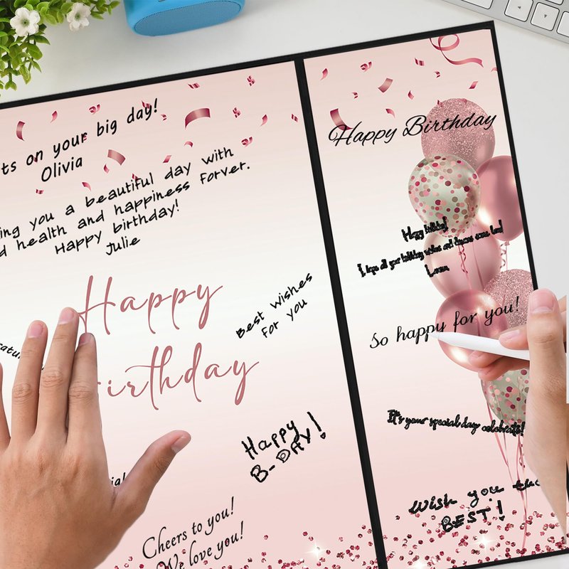 DARUNAXY Rose Gold Birthday Party Decorations, Jumbo Happy Birthday Alternative Signature Guestbook for Women Girls Cheers to 30 40 50 60 70 80 90 Years Old Gifts Signing Card Board Party Supplies