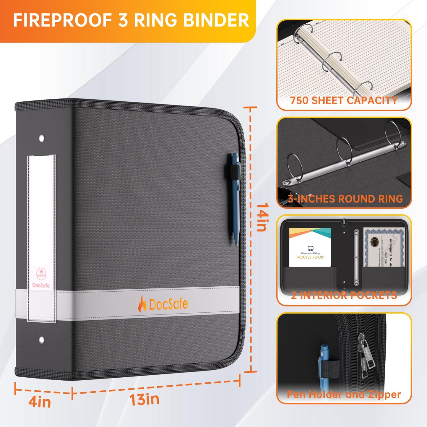 DocSafe 3 Ring Binder with Zipper,Fireproof 3 Inch Round Ring Binder with 2 Interior Pockets,PVC-Free,Portable School Office Home Safe Storage for Letter Size 8.5'' x 11'' Paper Photos Cards Black
