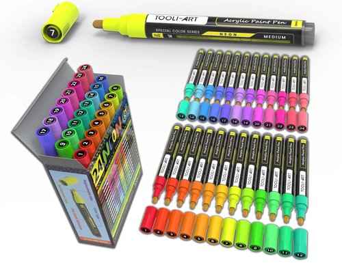 24 Neon Fluorescent Acrylic Paint Pens Medium Special Color Series Markers Set 3mm Tip, Rock Painting, Glass, Mugs, Wood, Metal, Canvas, DIY Projects, Detailing. Non Toxic, Waterbased, Quick Drying