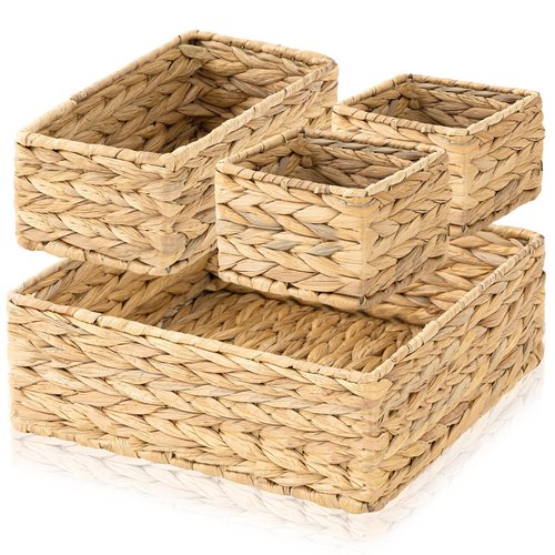 Funnymoom Set of 4-woven Wicker Storage Baskets Storage Bins Natural Water Hyacinth Cube Basket Container Baskets Storage Boxes Organizers Divider for Drawer, Closet, Dresser