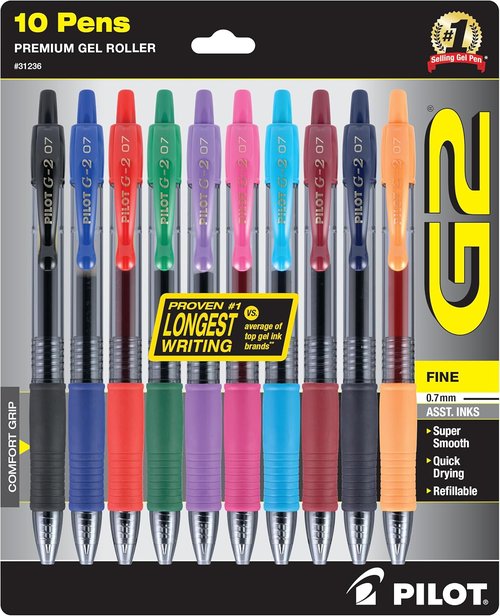Pilot G2 Gel Pens - Premium Fine Point 0.7 mm Assorted Colors - Set of 10