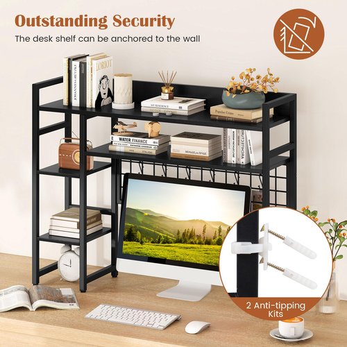 Giantex Desktop Bookshelf, 37" Desk Shelf for Up to 32" Computer Monitors, 4 Tier Desktop Display Shelves with Grid Panel, 6 Movable Hooks, Anti-tip Device, Desk Hutch for Home Office Dorm (Black)