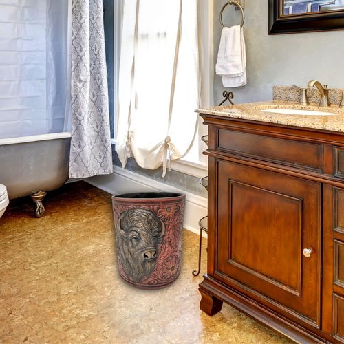 BestGiftEver Faux Tooled Leather Trash Bin with Bison Bust Accent - Southwest Decorative Resin Wastebasket - Ideal for Ranch Farmhouse Enthusiasts