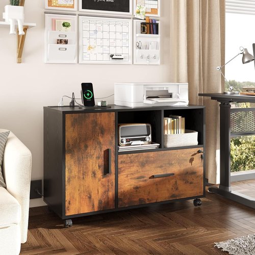 DEVAISE File Cabinet - Rolling 1 Drawer with Charging Station & Locking Feature | Rustic Brown