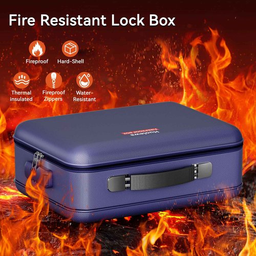 Fireproof Document Box, Hard Case Fireproof Box with Lock, Portable Hard-Shell Fireproof Water Resistant Document Safe for Important Documents, Laptops, Passports, Files and More (Blue)