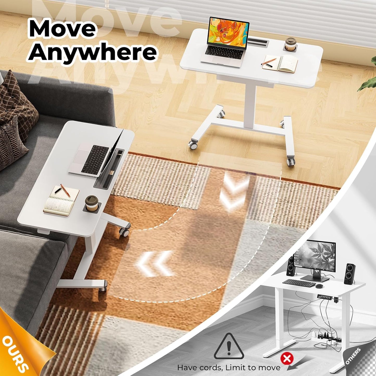 Skiennix Mobile Standing Desk - Height Adjustable with Drawer & Cup Holder | 40" White Rolling Workstation
