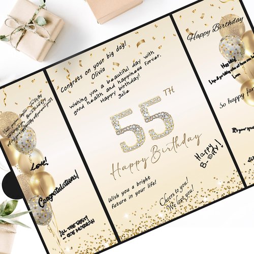 DARUNAXY Black Gold 55th Birthday Party Decorations, Happy 55th Birthday Alternative Signature Guest Book for Men Women Cheers to 55 Years Old Gifts 55 Birthday Signing Card Board Party Supplies
