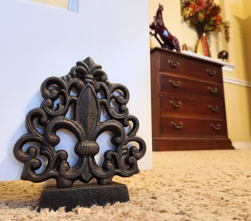 LuLu Decor, Cast Iron Fleur De Lis Door Stop, Door Stopper in Antique Black Finish, Beautiful and Useful Product, Simply Insert Flat Base Underneath Your Door Space, Works Great (LB15BK3)
