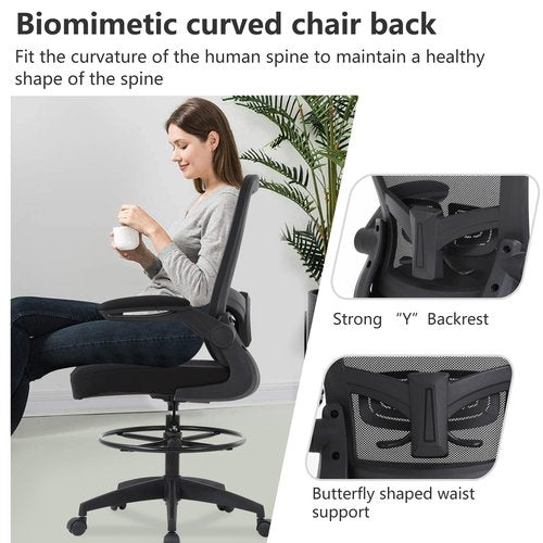 PayLessHere Ergonomic Drafting Chair Tall Office Chair High Adjustable Standing Desk Chair with Lumbar Support Mesh Back Footrest Flip-Up Arms for Office Computer Desk Standing Desk (Black)
