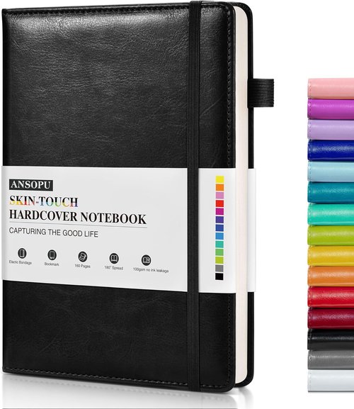 Ansopu Lined Journal - A5 Leather Hardcover Notebook with 100 GSM Thick Paper | 160 Pages, Black