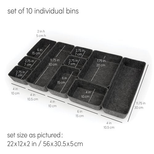 Three by Three Seattle Felt·Like·It! Felt Bins for Office, Crafts, Classroom, Living Room, Bedroom: Charcoal, Set of 10