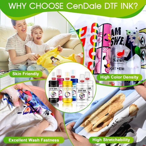 CenDale Upgraded Auto-Fill DTF Ink - 700ML DTF Transfer Ink for Epson ET-8550 ET-8500 Printers, Heat Transfer Printing Ink Set 100ml x 4 CMYK, 150 x 2 White (Anti-UV/ICC-Free)