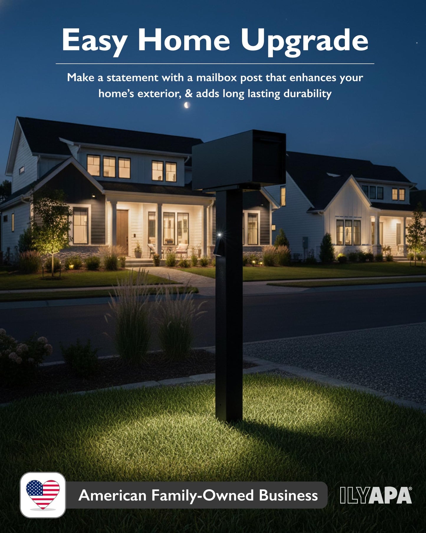 Ilyapa Black Metal Mailbox Post for Outside with Solar Address Sign for Houses, 43x4x4 Mail Box Post Sleeve with Solar Light for House Numbers with Two Universal Mounting Plate Brackets