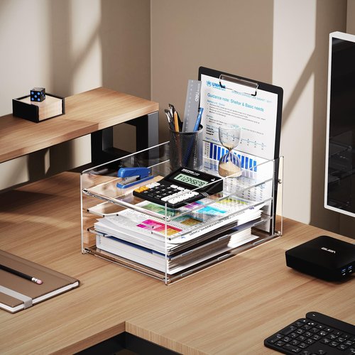 4 Tier Acrylic Paper Organizer for Desk, Paper File Tray Organizer Storage, Office Paper Organizer, Clear