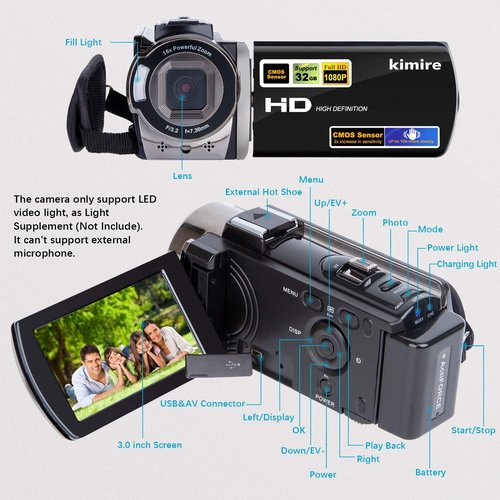 Kimire Full HD 1080P Video Camera Camcorder - 24MP, 16X Zoom, 3.0" LCD, 270° Rotation, 2 Batteries | Black